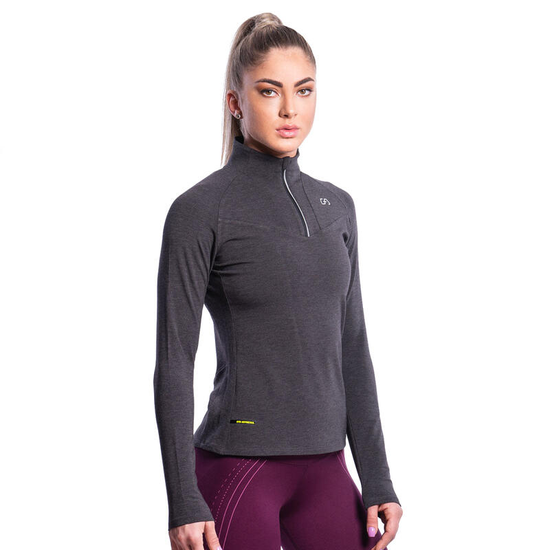 Women Zipper Long Sleeve Gym Running Sports T Shirt Tee - BLACK