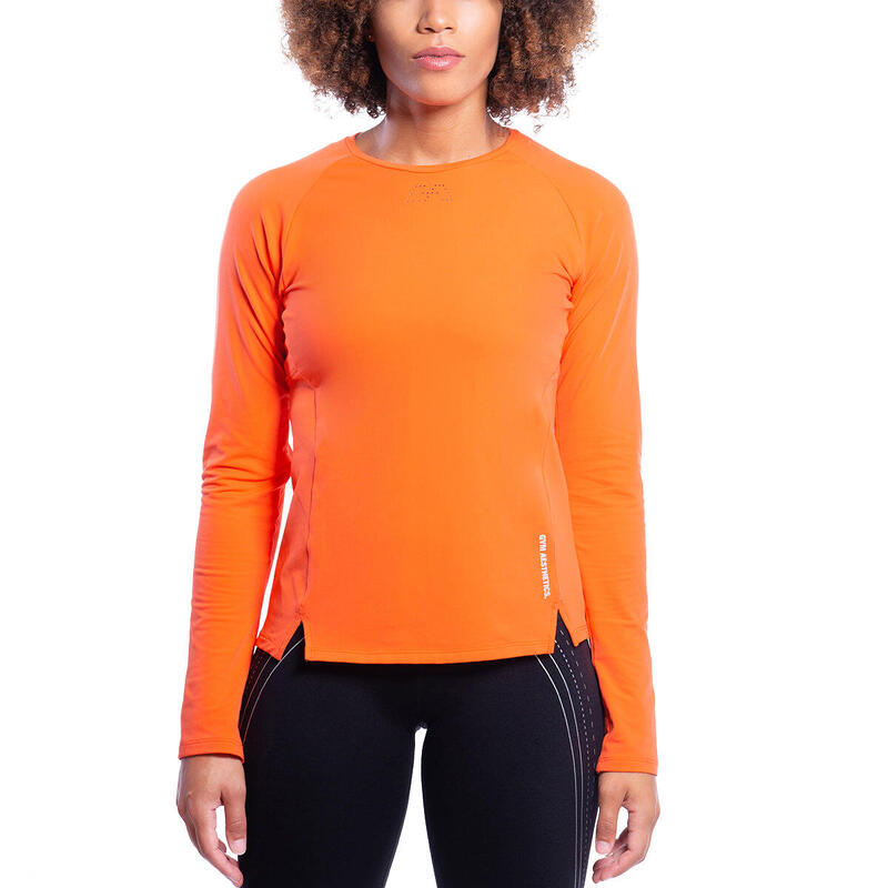 女裝純色透氣防曬跑步健身運動長袖T恤 - 橙色