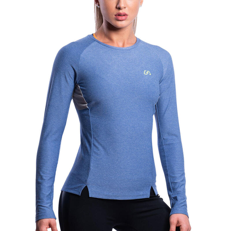 女裝Logo修身透氣跑步健身運動長袖T恤 - 藍色