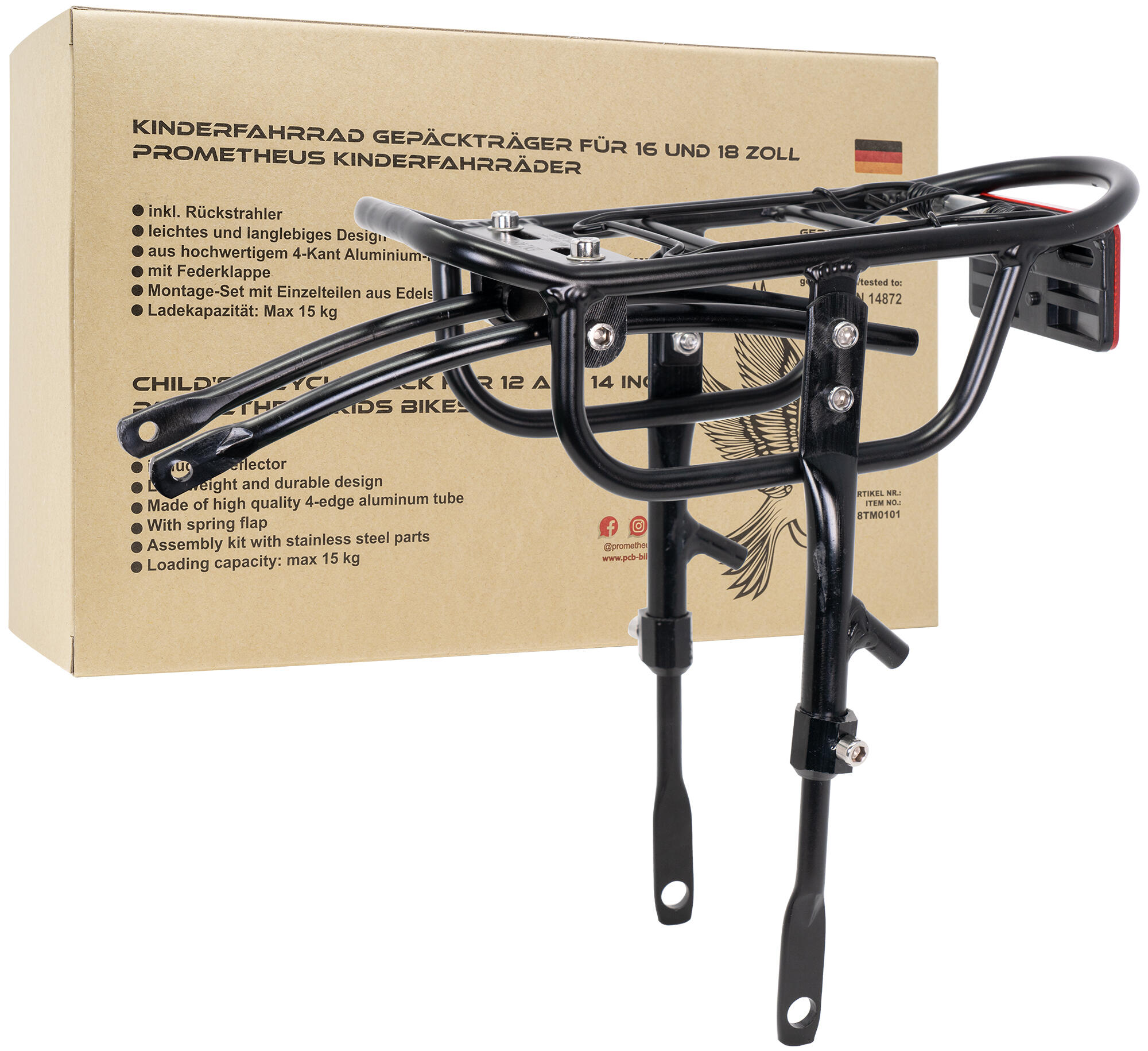 PROMETHEUS BICYCLES Bagagedrager voor 16 - 18 inch kinderfiets universele  - verstelbaar ultralicht