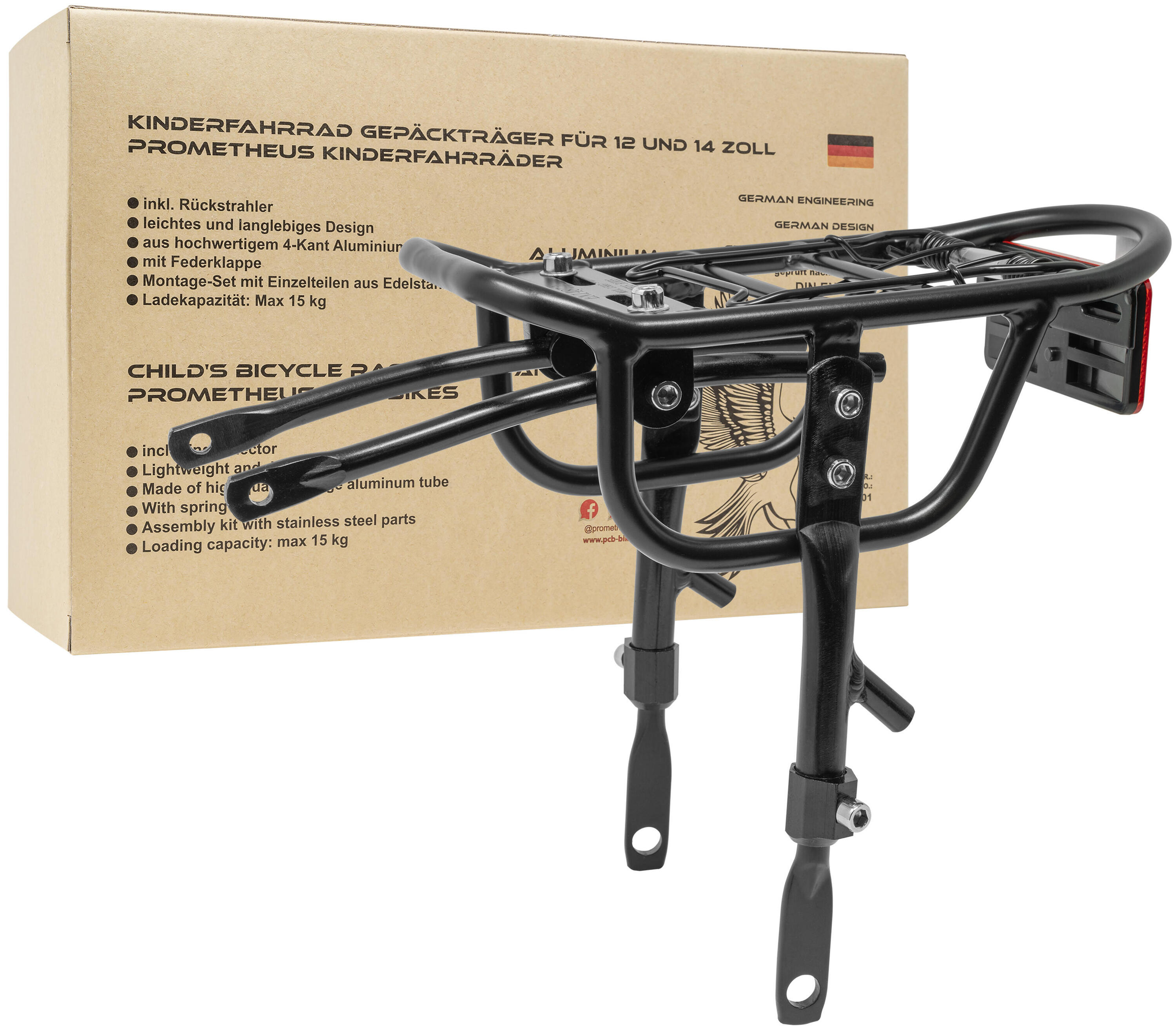 PROMETHEUS BICYCLES Bagagedrager voor 12 - 14 inch kinderfiets universele  - verstelbaar ultralicht