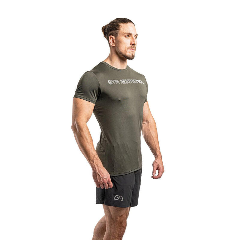男裝單印修身彈性跑步健身短袖運動T恤上衣 - 橄欖綠色