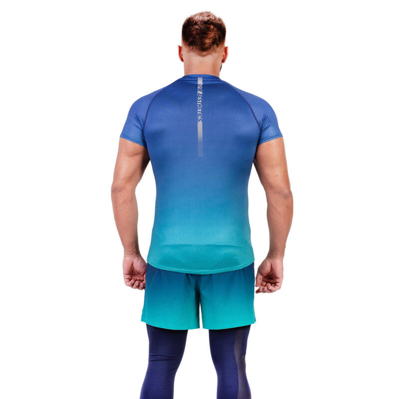 男裝漸變修身跑步健身短袖運動T恤上衣 - 藍色