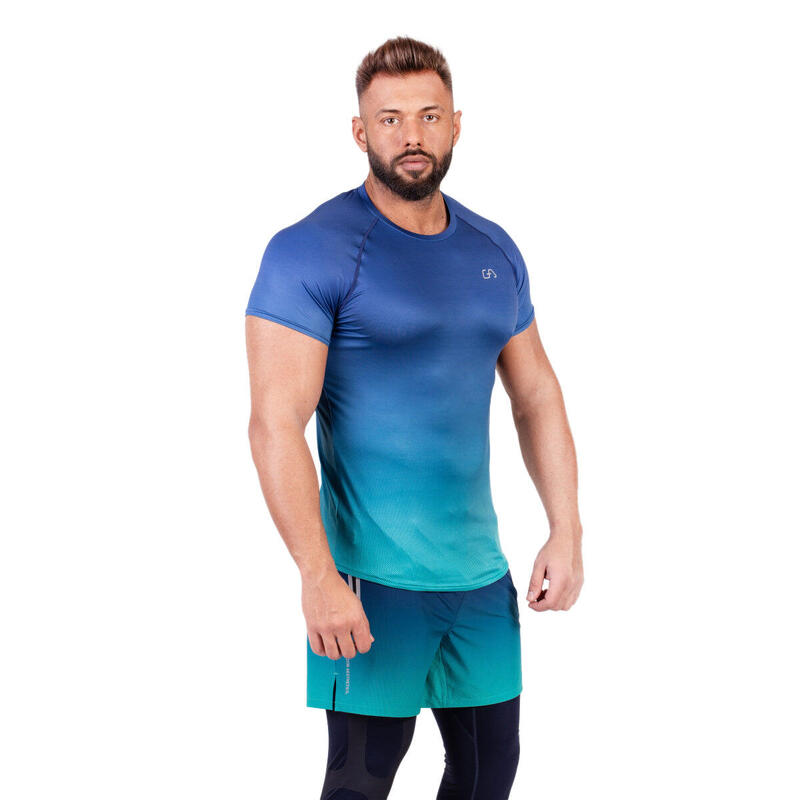 Men Dri-Fit Gradient Gym Running Sports T Shirt Fitness Tee - BLUE