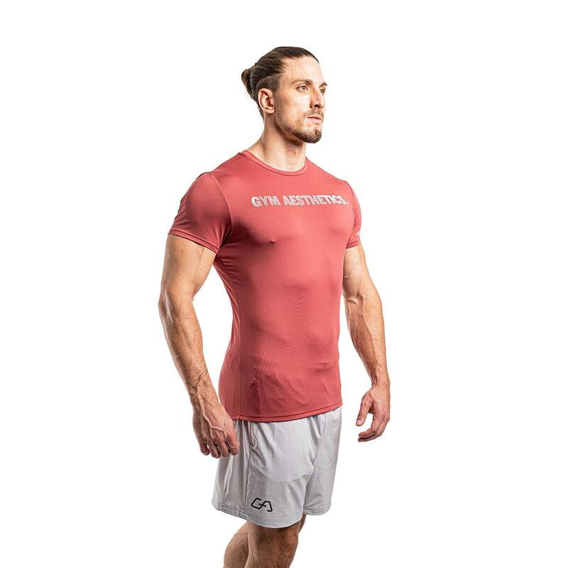 Men Print Tight-Fit Stretchy Gym Running Sports T Shirt Fitness Tee - Coral red