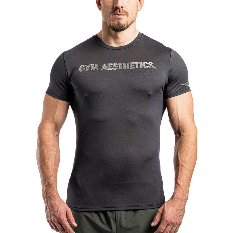 Men Print Tight-Fit Stretchy Gym Running Sports T Shirt Fitness Tee - GREY