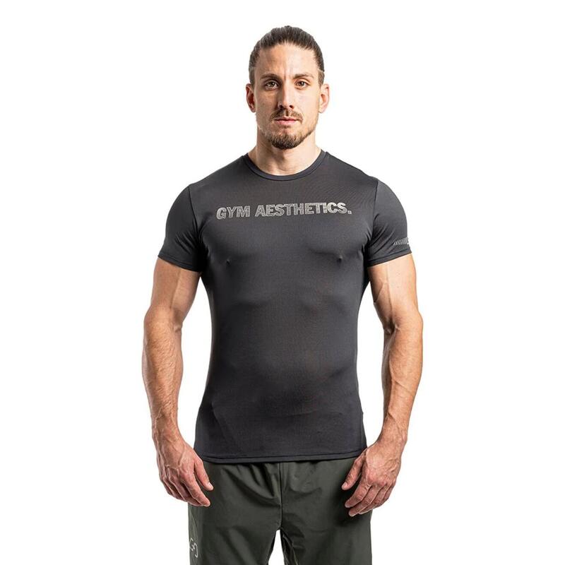 男裝單印修身彈性跑步健身短袖運動T恤上衣 - 灰色