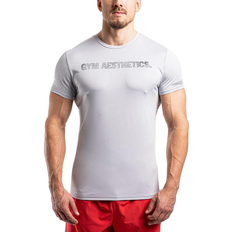 Men Print Tight-Fit Stretchy Gym Running Sports T Shirt Fitness Tee - BEIGE