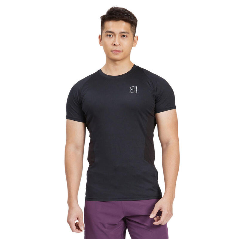 Men LOGO Tight-Fit Stretchy Gym Running Sports T Shirt Fitness Tee - BLACK
