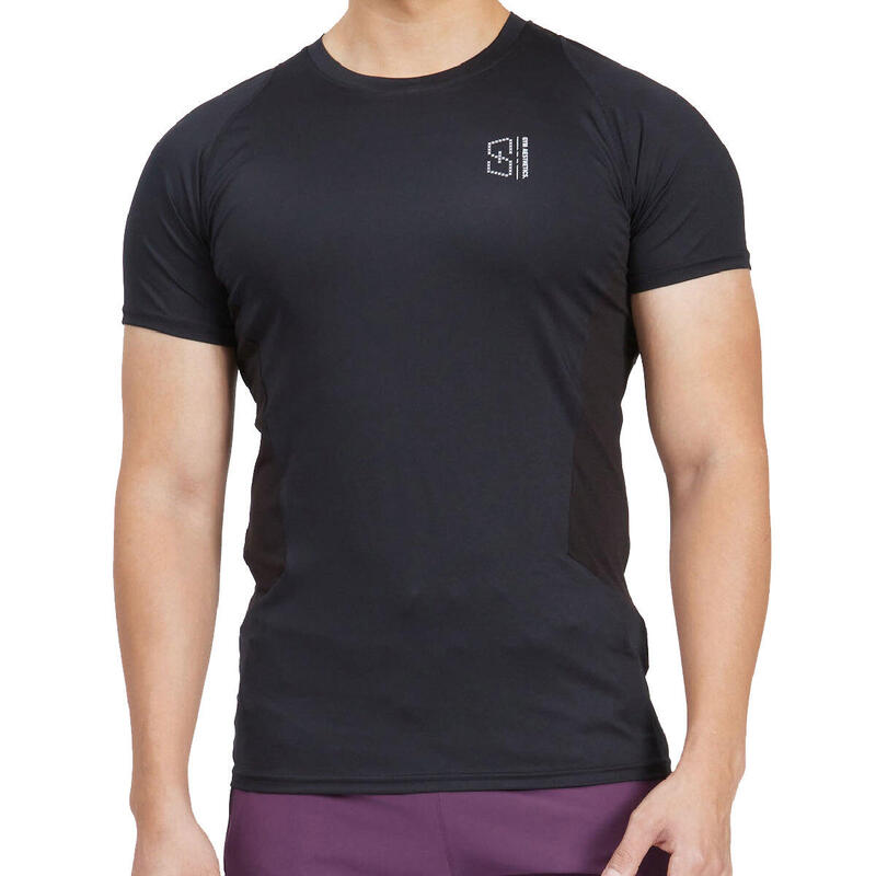 男裝LOGO修身彈性跑步健身短袖運動T恤上衣 - 黑色