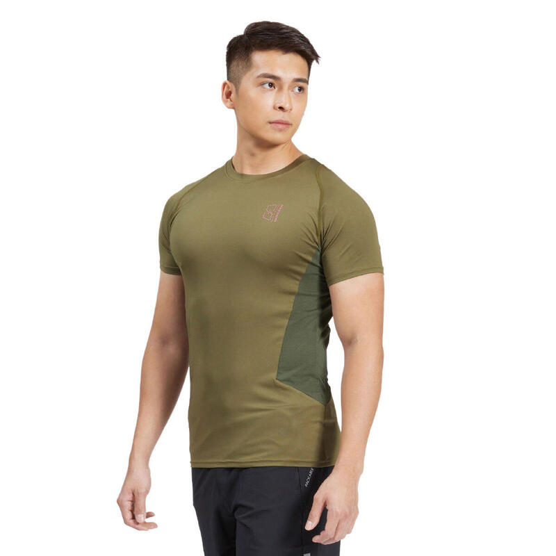 Men LOGO Tight-Fit Stretchy Gym Running Sports T Shirt Fitness Tee - OLIVE