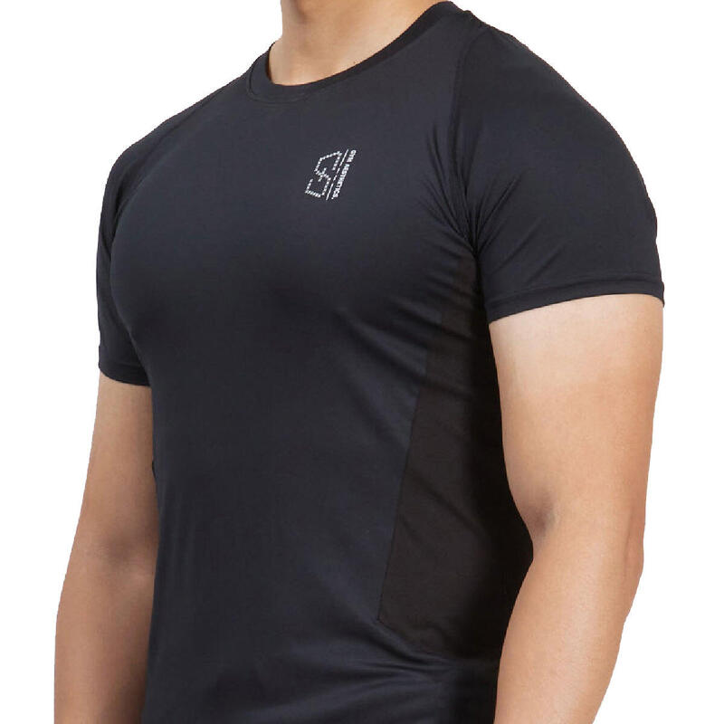 Men LOGO Tight-Fit Stretchy Gym Running Sports T Shirt Fitness Tee - BLACK