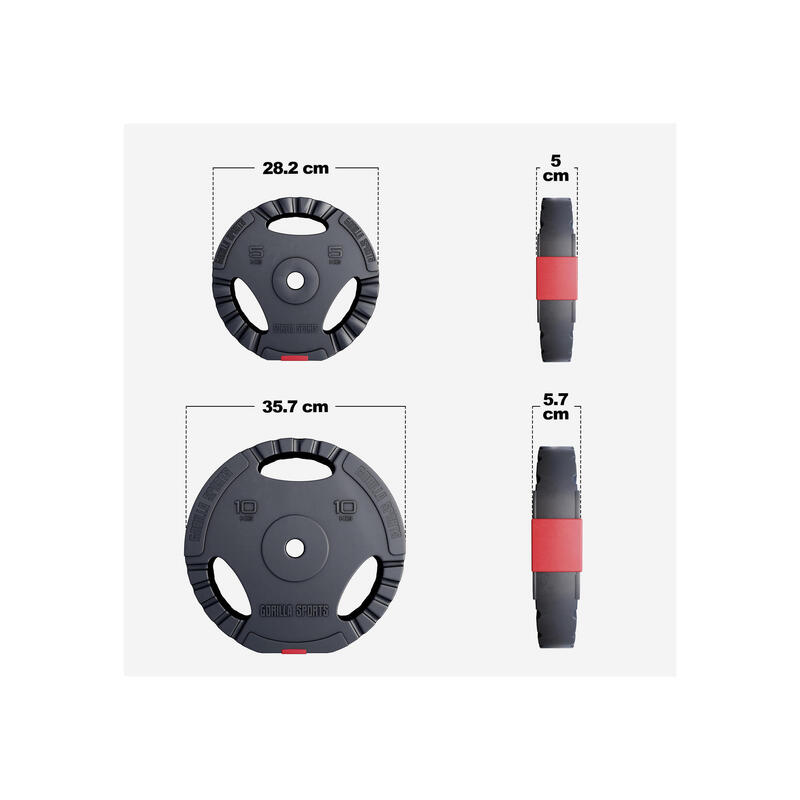 Kit Discos Musculación Gorilla Sports Negro/Rojo 2x10Kg 2x5Kg Diámetro 31 mm
