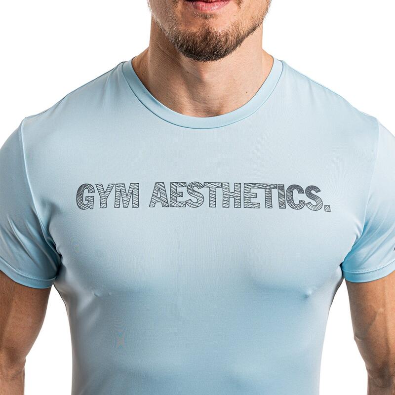 男裝單印修身彈性跑步健身短袖運動T恤上衣 - 天藍色