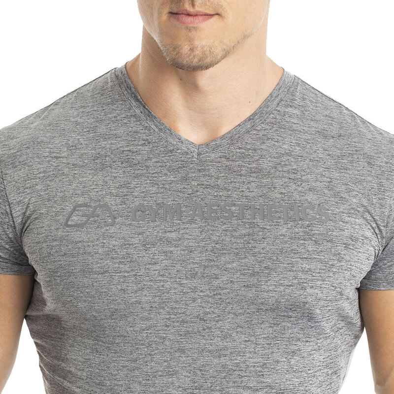 男裝修身V領跑步健身短袖運動T恤上衣 - 灰色
