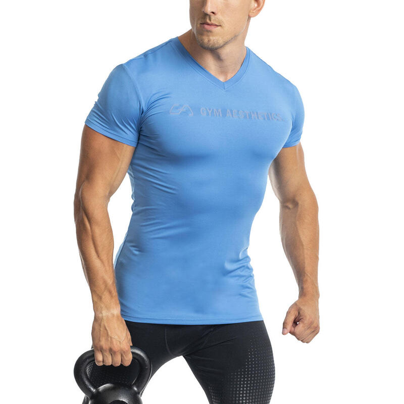 男裝修身V領跑步健身短袖運動T恤上衣 - 藍色