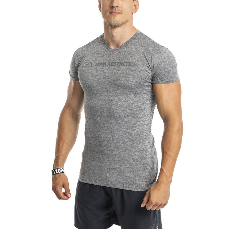 Men Tight-Fit V neck Gym Running Sports T Shirt Fitness Tee - GREY