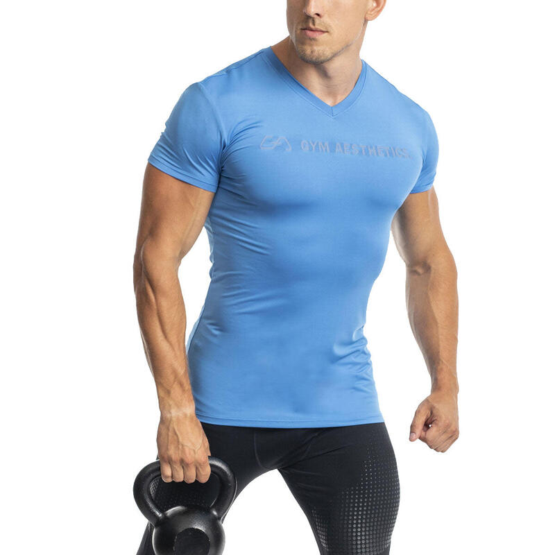 男裝修身V領跑步健身短袖運動T恤上衣 - 藍色