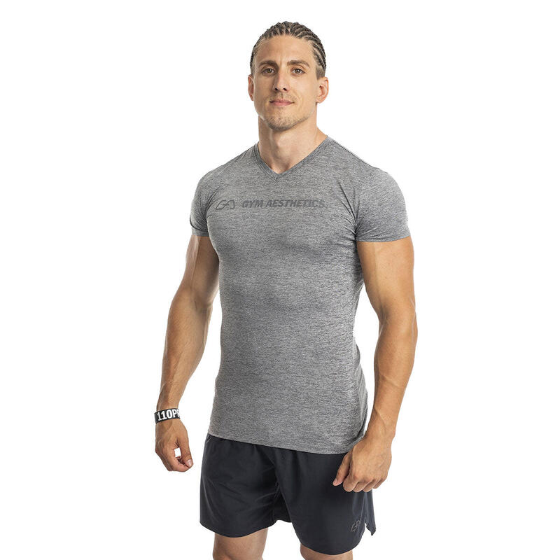 男裝修身V領跑步健身短袖運動T恤上衣 - 灰色