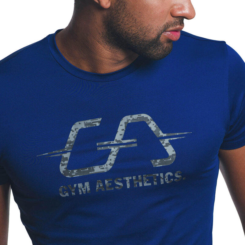 男裝修身LOGO速乾跑步健身短袖運動T恤上衣 - 軍藍色