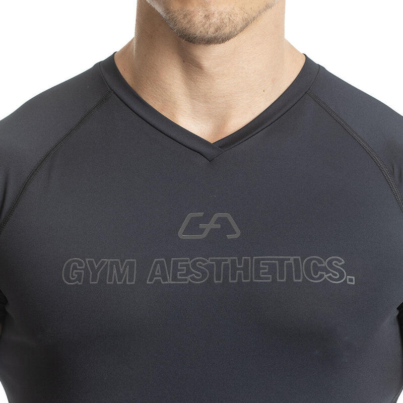 Men Print Tight-Fit V neck Gym Running Sports T Shirt Fitness Tee - BLACK
