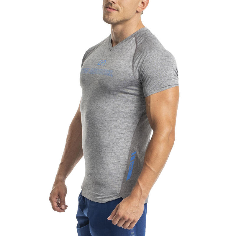 Men Print Tight-Fit V neck Gym Running Sports T Shirt Fitness Tee - GREY