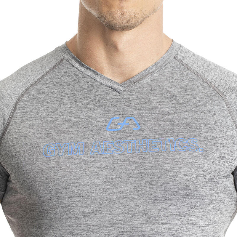 Men Print Tight-Fit V neck Gym Running Sports T Shirt Fitness Tee - GREY