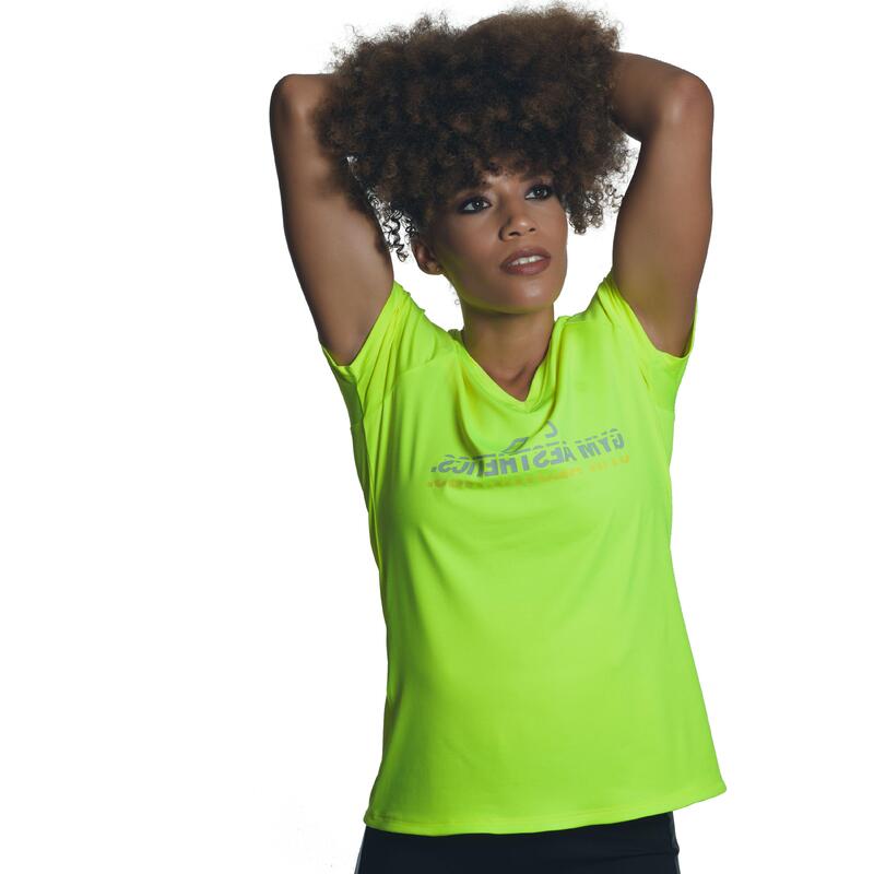 女裝V領LOGO修身瑜珈健身跑步短袖運動T恤 - 螢光黃色
