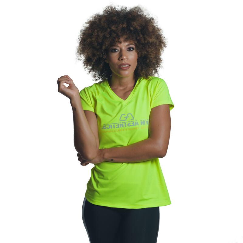 Women Printed V Neck Yoga Gym Running Sports T Shirt Fitness Tee - Lime yellow