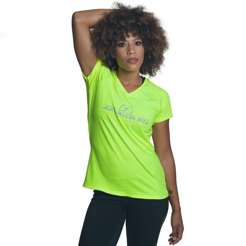 Women Printed V Neck Yoga Gym Running Sports T Shirt Fitness Tee - Lime yellow