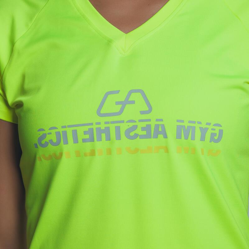 Women Printed V Neck Yoga Gym Running Sports T Shirt Fitness Tee - Lime yellow