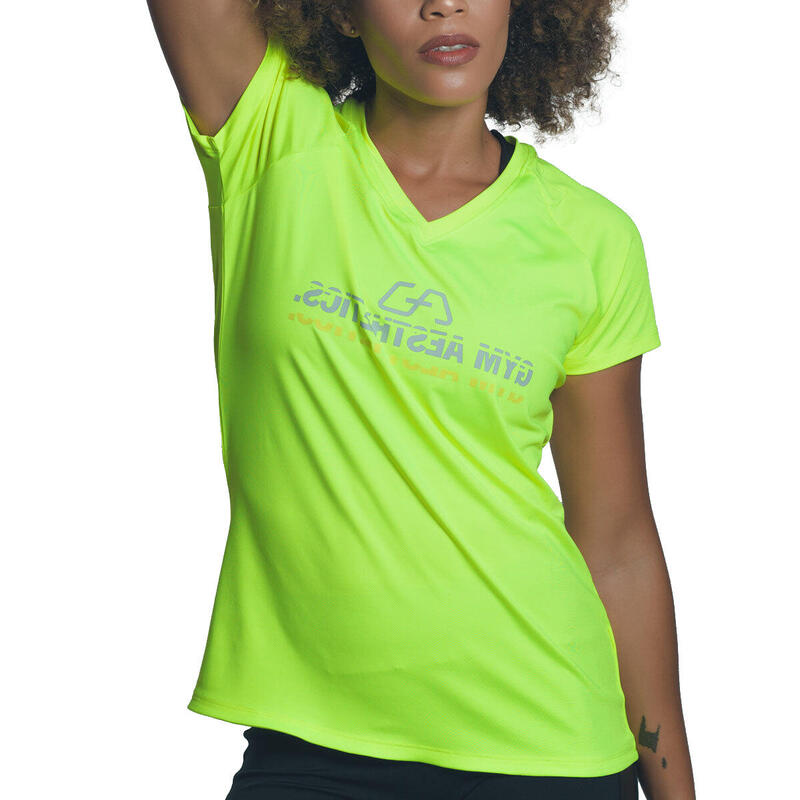 女裝V領LOGO修身瑜珈健身跑步短袖運動T恤 - 螢光黃色