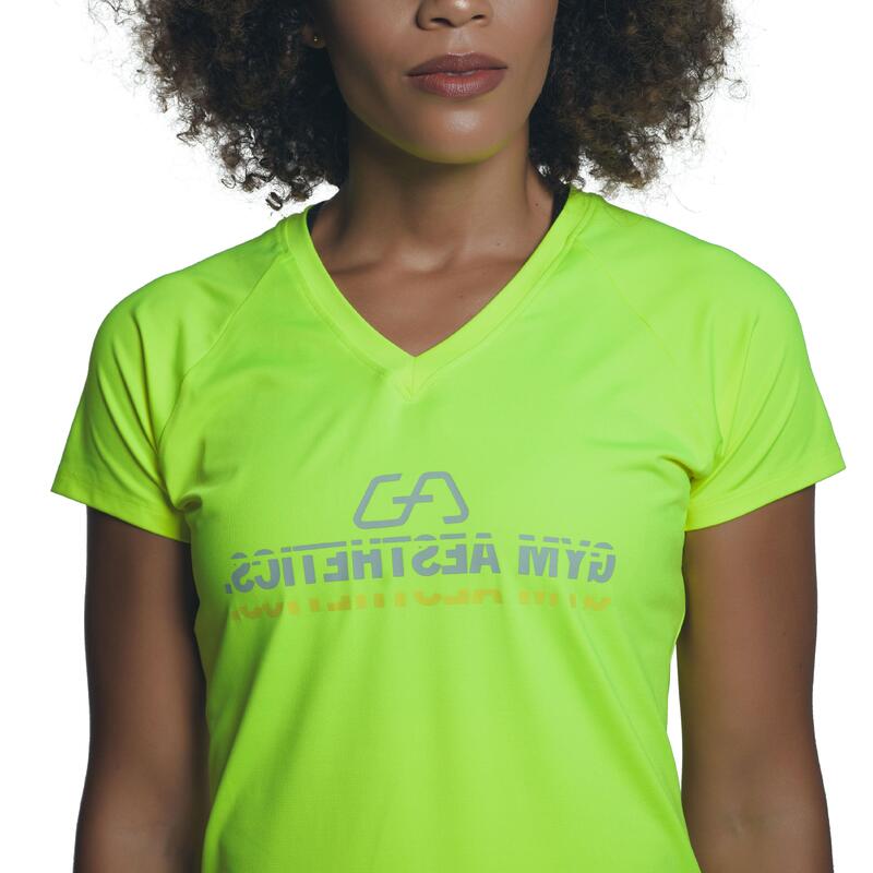 Women Printed V Neck Yoga Gym Running Sports T Shirt Fitness Tee - Lime yellow