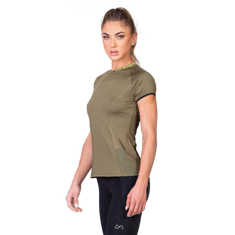 女裝網透修身瑜珈健身跑步短袖運動T恤 - 橄欖綠色