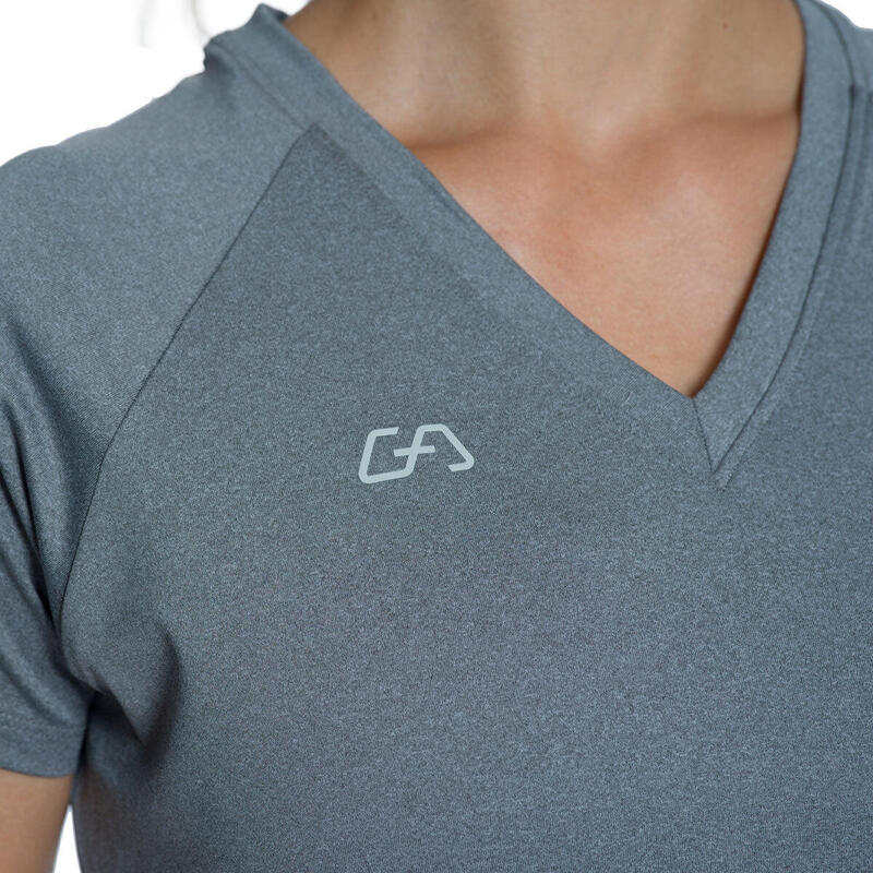 女裝V領修身瑜珈健身跑步短袖運動T恤 - 灰色
