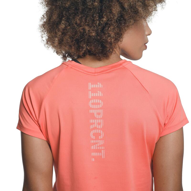女裝純色V領修身瑜珈健身跑步短袖運動T恤 - 珊瑚紅色