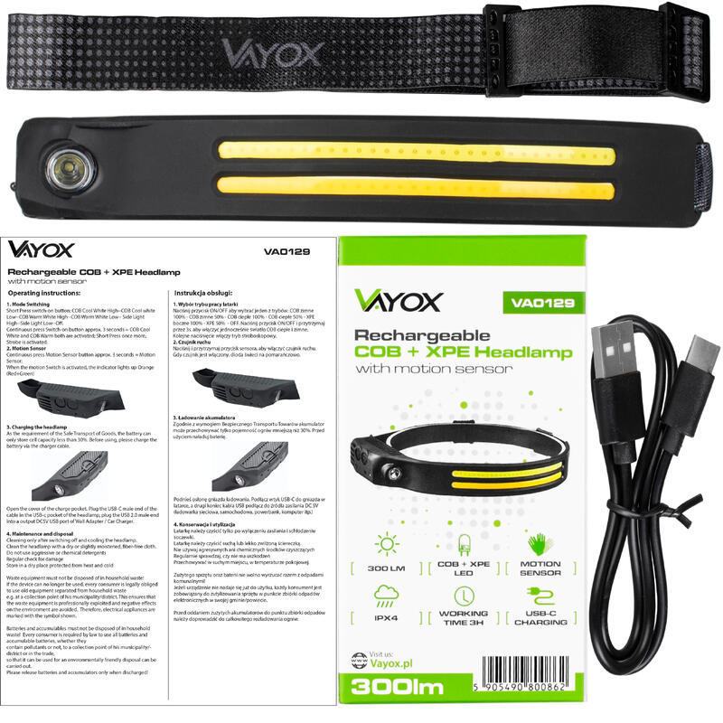 Latarka czołowa Vayox VA0129 300lm, akumulatorowa, 3x LED, USB-C, silkonowa
