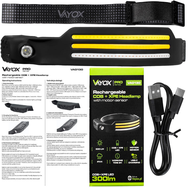 Lanterna frontala Vayox VA0130 300lm, reincarcabila, 4x LED, USB-C, silicon