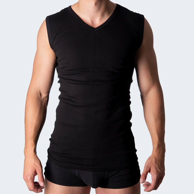 Unterhemd Herren 2er Set | Business V-Ausschnitt Tanktop | Feinripp | Schwarz