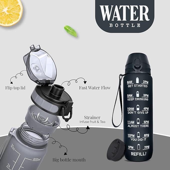 K-MART Water Black Bottle 1L Sports Water Bottle with Motivational Time Marker 3/5