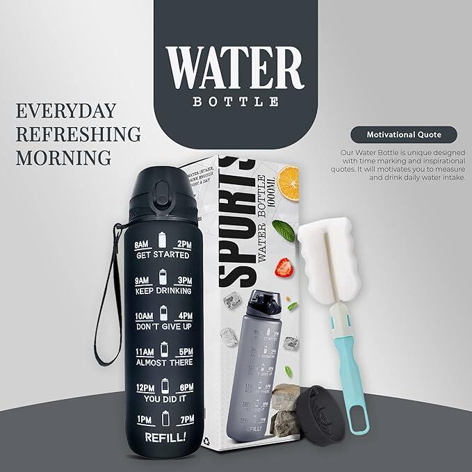 K-MART Water Black Bottle 1L Sports Water Bottle with Motivational Time Marker 2/5