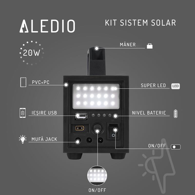 KIT SISTEM SOLAR 20W CU LANTERNA SI IESIRE USB, 3 x BEC LED SI PANOU SOLAR