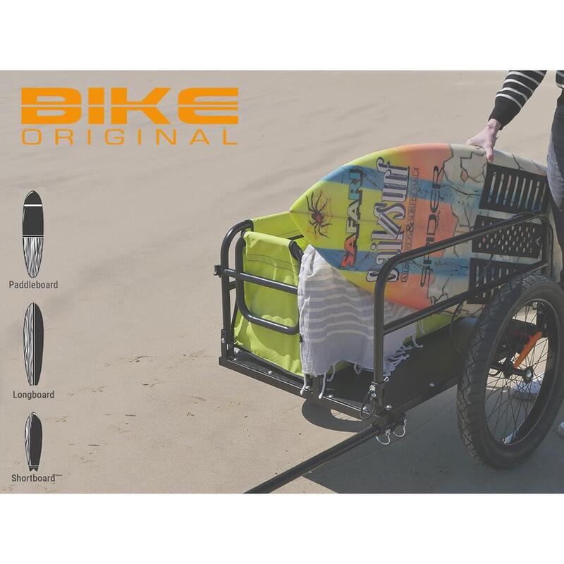 Remorque de plage vélo en aluminium avec rack de surf.
