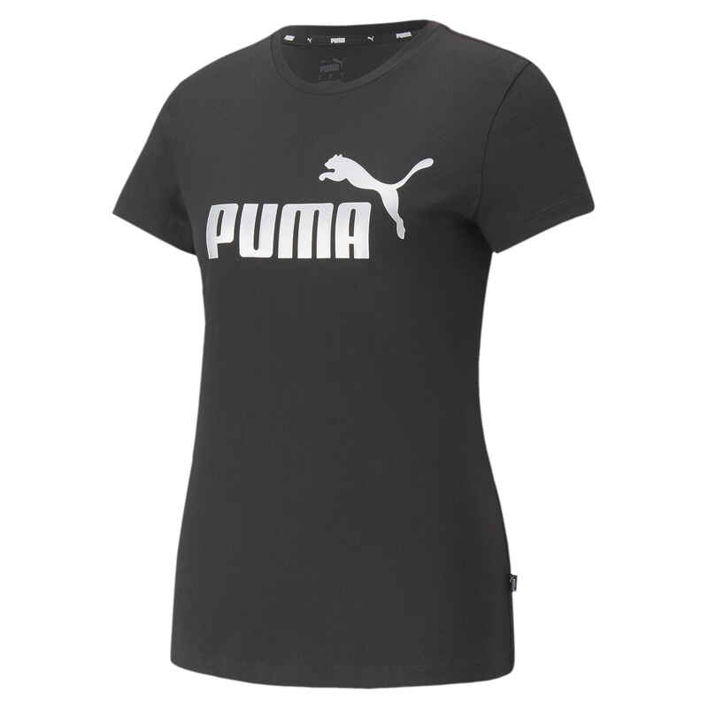Essentials+ Metallic Logo T-Shirt Damen PUMA Black Silver Metallic