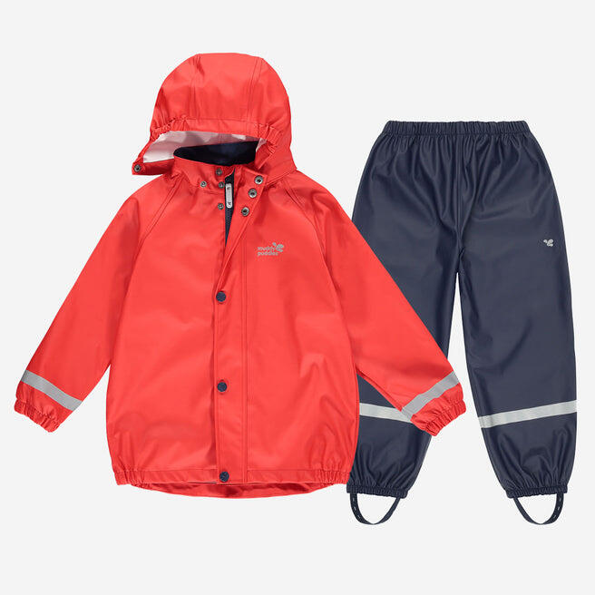 MUDDY PUDDLES Kids Red Waterproof Jacket & Navy Trouser Rain Set