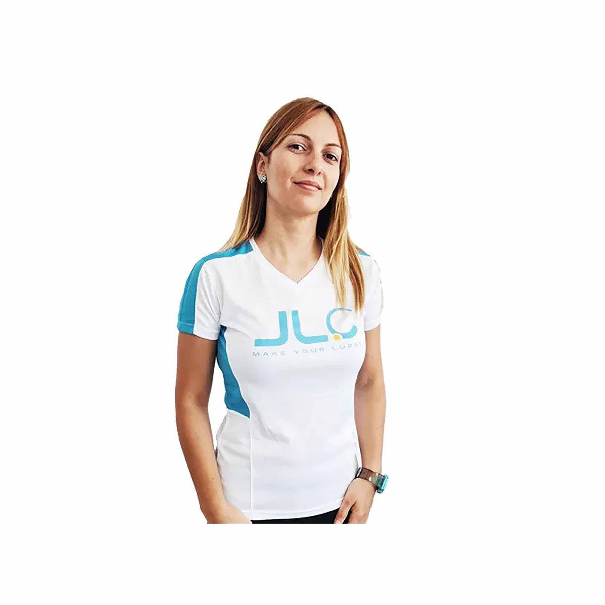 JLC Camiseta Pesca Técnica Poliéster Mujer JLC Celeste-Blanco Manga Corta 