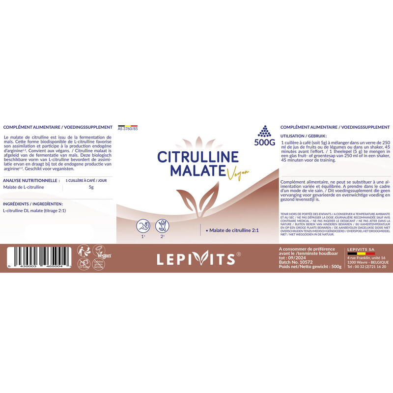Citruline Malaat VEGAN - Bevordert de productie van arginine - 500 gram