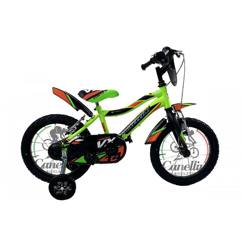 Bicicleta de niño MTB Canellini VORTEX  14" - Verde/Negro/Naranja