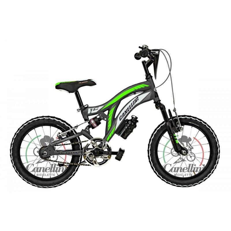 Bicicleta de niño MTB Canellini Suspensión Total Colorado 16" - Titanio/Verde