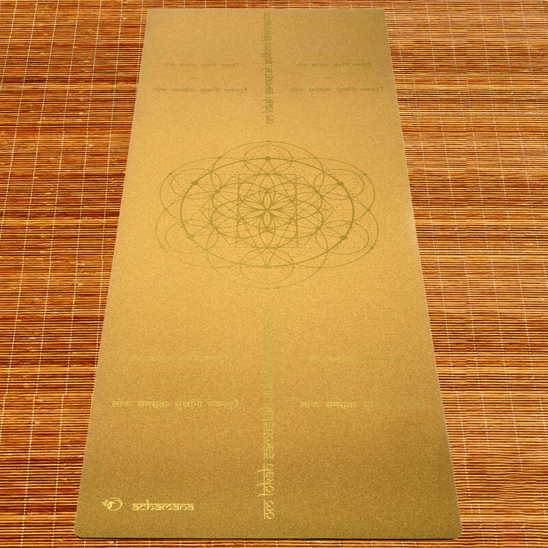 Yogamat rubber & kurk 5mmx68cmx1,83m Vredesmantra print Goud + yogatas